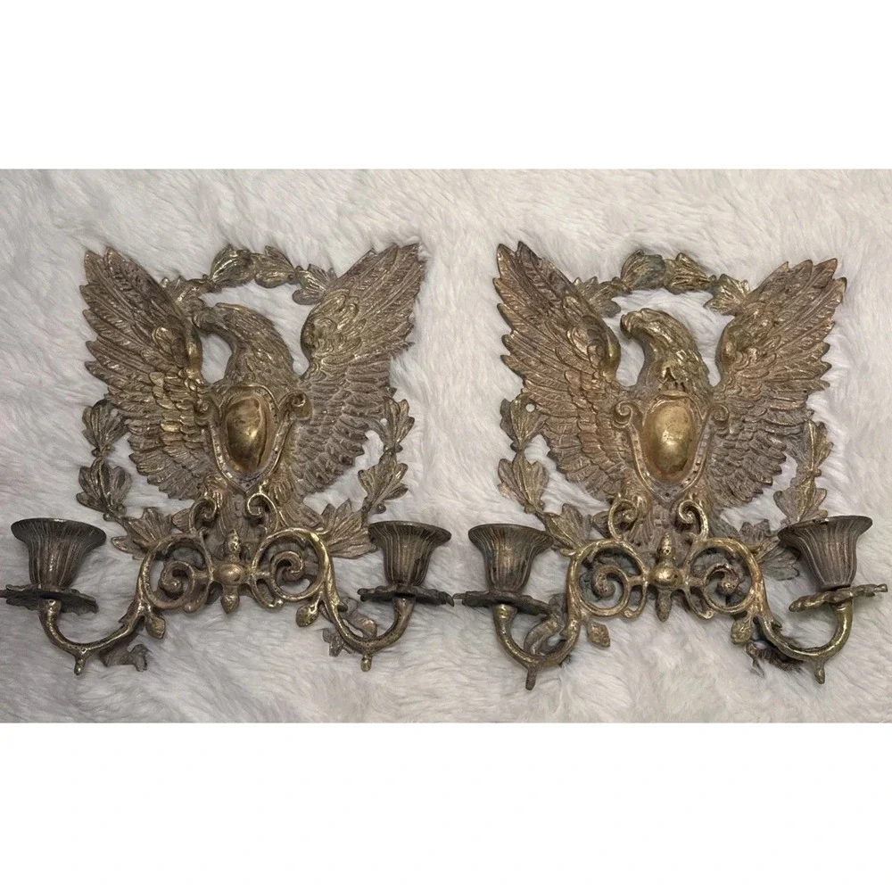 Vintage Brass Eagle Wall Scroll Sconce Candlestick Hollywood Regency Pair 2 MCM
